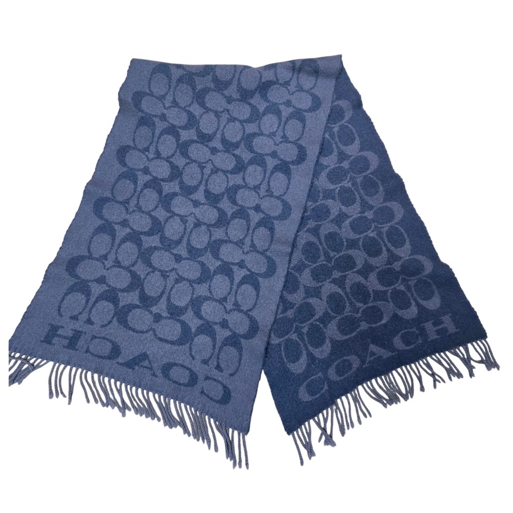 Coach Signature C Monogram Reversible Scarf Navy Blue Fringe Trim Winter Logo